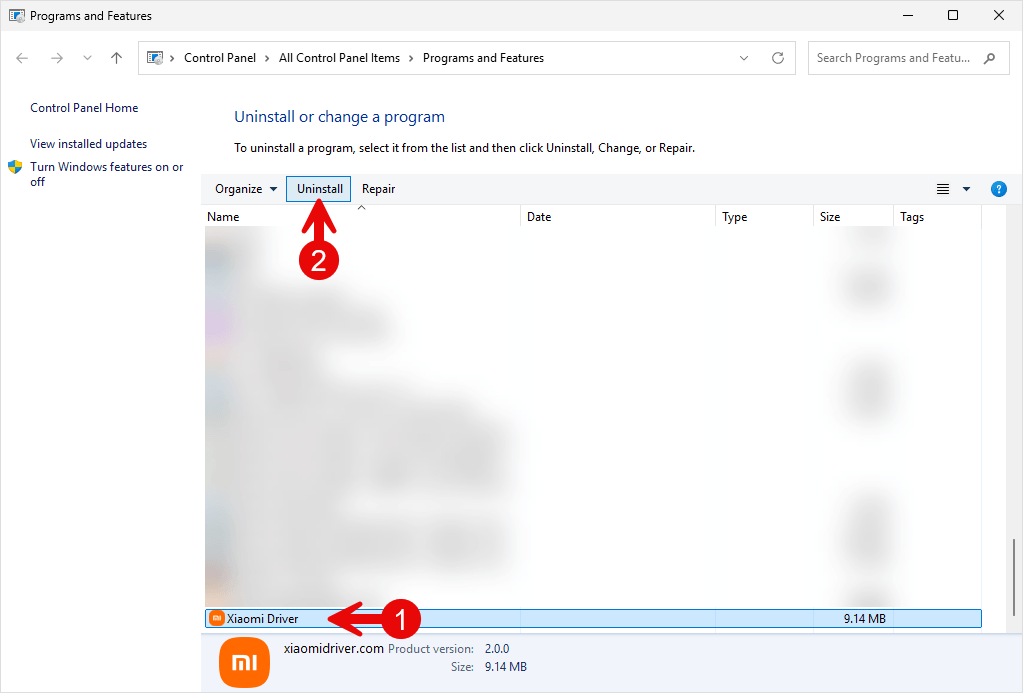 Select Xiaomi Driver Uninstall